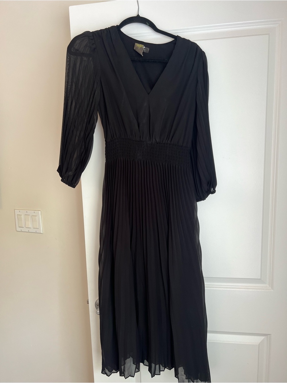 Taylor Black V-Neck Pleated Midi Dress